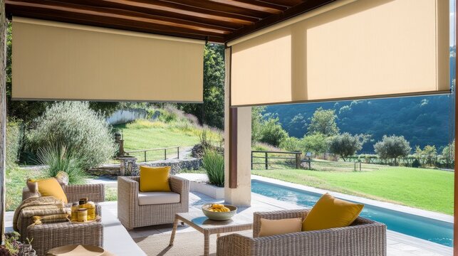 In a thriving garden, a patio with weatherproof motorized blinds offers the ideal blend of shade, seclusion, and flexibility, capturing the essence of a dynamic lifestyle