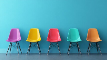 Against a simple wall, a row of chairs with varied styles and textures is captured in a close-up, featuring rich colors and space suitable for adding banner text