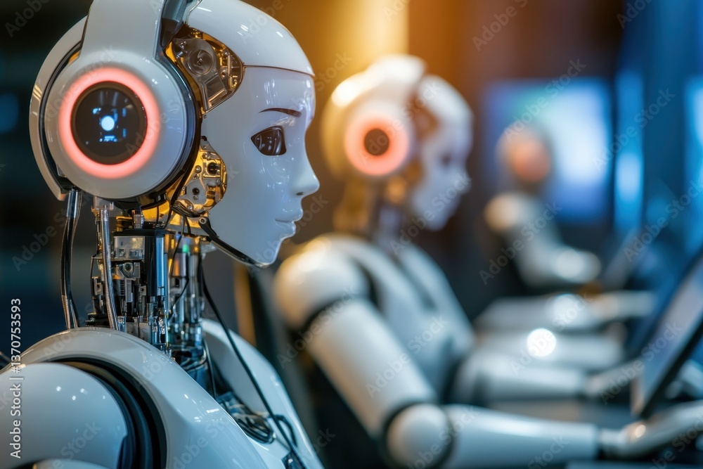 Poster advanced robots assist in a futuristic workspace with high-tech interfaces and glowing features