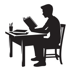 Focused Student Silhouette Studying and Reading Book at Desk