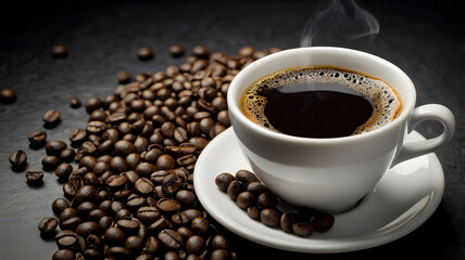 coffee cup with coffee bean on dark background
