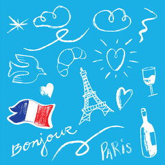 handgezeichnete Illustrationen zum Thema Frankreich und Paris. In weiß auf blauem Hintergrund. Vektorillustration © RossaBob