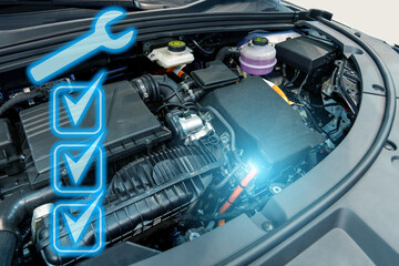 Hybrid car with open hood and service symbol. Electric vehicles maintenance.
