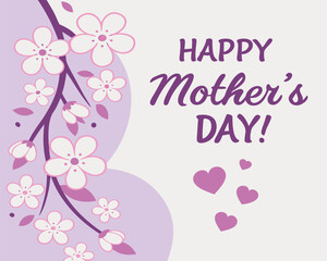 Happy Mother's Day with Purple Flowers, Hearts, and Elegant Script.