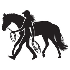Silhouette Woman Walking Horse Animal Training Vector Illustration