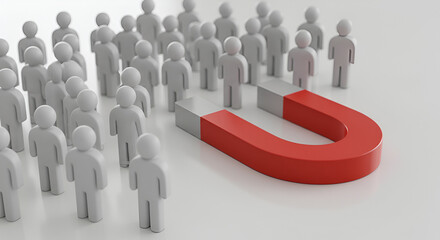 Red Magnet Attracting a Crowd of Gray People in a Recruitment Themed Composition on a White Background