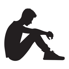 Sad Man Sitting Alone Silhouette Vector Graphic Illustration