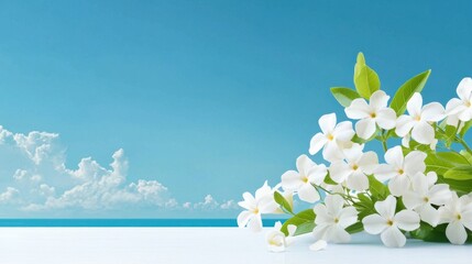 White jasmine flowers in full bloom against a vibrant blue sky, perfect for elegant design backgrounds.
