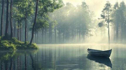 Obraz premium Misty Morning Serenity: A Solitary Rowboat on a Still Lake Surrounded by a Tranquil Pine Forest