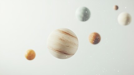 multiple planets floating in mid-air, rendered in a simple, glossy CG style with clean lines and minimal details, on a white background, not overly realistic, 4K 