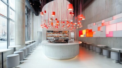 Modern bar interior, city view,  curved bar, colorful lighting, social gathering