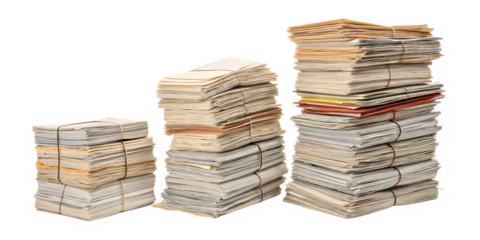 Three stacks of paper bundles tied with rubber bands arranged in ascending order on isolated on transparent or white background, png