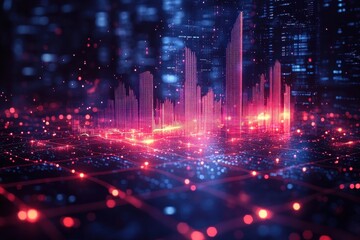 Fototapeta premium Digital skyline illuminated by vibrant lights showcases futuristic cityscape with interconnected structures