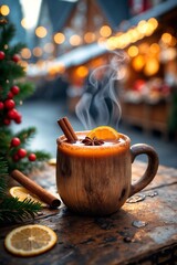Steaming Mulled Wine with Spices at Cozy Christmas Market Scene