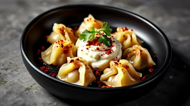 Dumplings with spicy sauce and cream garnished with herbs  