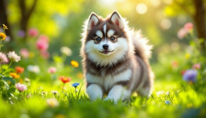 Cute Puppy Running in Grassy Field with Flowers on Sunny Day
