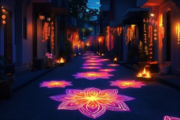 Obraz premium Happydiwali rule of third decoration on street - Illustration ofdiwali rule of third diya rule of third
