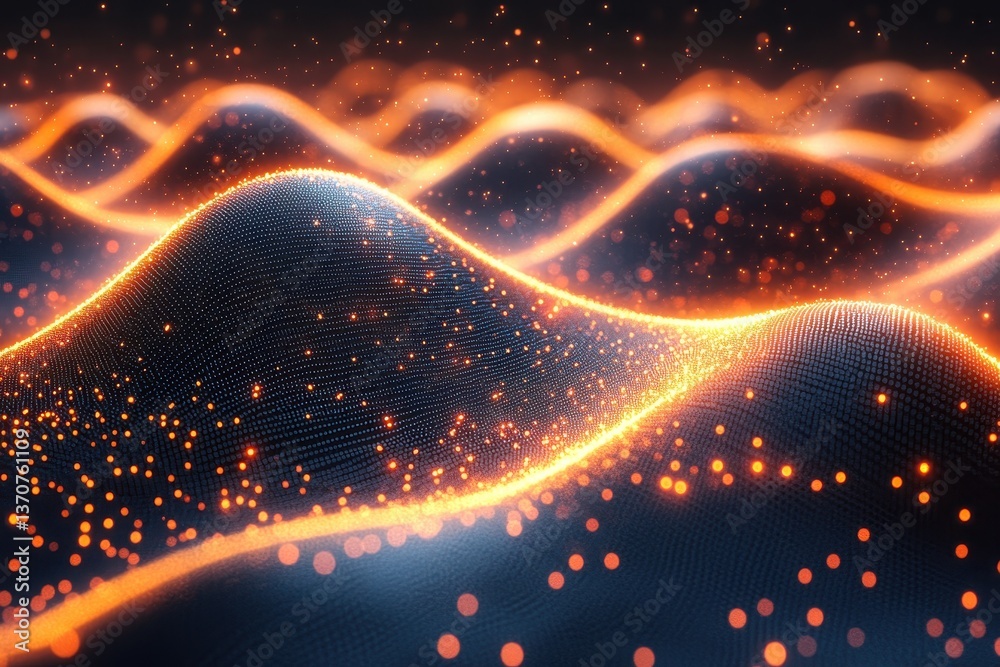 Fototapete Dynamic wave patterns with glowing particles create an immersive visual experience in an abstract digital landscape
