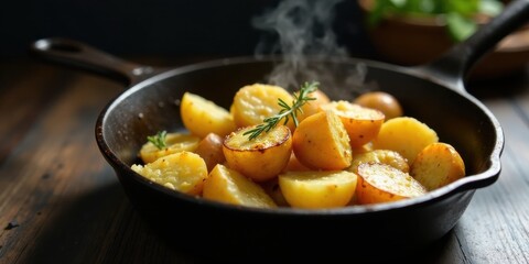 Perfectly roasted potato halves in a cast iron skillet, seasoned with herbs and emitting steam, a rustic and appetizing culinary image