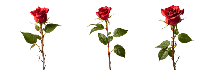 Three perfect red roses, a symbol of passionate love and timeless beauty, elegantly displayed against a stark white background.