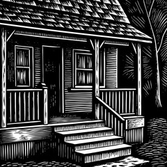 Rustic Woodcut Illustration of a Vintage Cabin Entrance in Black and White