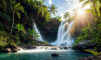 Scenic sunrise over a peaceful waterfall in a misty spring valley &ndash; Breathtaking natural landscape with golden morning glow