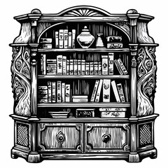 Vintage Bookshelf with Intricate Carvings and Classic Books in Black and White Illustration