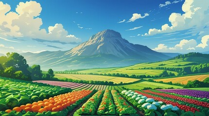 Obraz premium Colorful Vegetable Farm Landscape with Mountain Background - Vibrant Agricultural Scene at Sunrise 