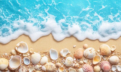 A serene coastal view with a sandy beach scattered with colorful seashells, where calm waves lap the shore under the radiant sunlight, offering a perfect summer escape