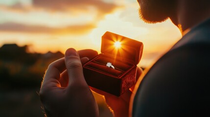A romantic close-up of a man proposing with a sparkling engagement ring in a velvet box, against a sunset backdrop