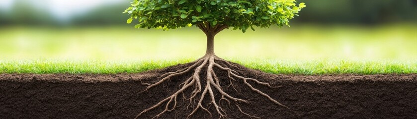 This image showcases a robust tree with its roots exposed, illustrating the connection between nature and growth, Ideal for environmental themes, education, or sustainability projects,