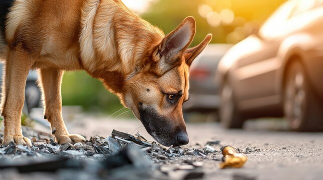 Stray dog exploring the roadside for food.