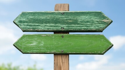 Naklejka premium A weathered green wooden signpost with two blank arrows against a clear blue sky, ideal for use in travel, navigation, or outdoor adventure themes,
