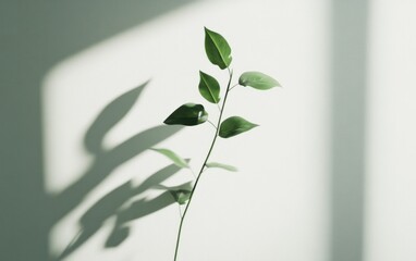 Green leaves cast shadows on a light green wall, bathed in sunlight. Minimalist nature photography with soft light and contrasting shadows