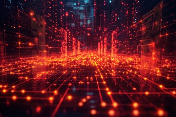 Obraz premium Vibrant digital landscape with glowing red lines creating a tech-inspired atmosphere in an abstract arrangement
