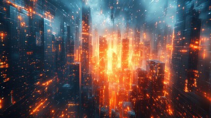 Fiery futuristic city, raining, intense, aerial view, possible use in sci-fi
