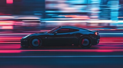 Sleek sports car driving at high speed through a futuristic cityscape at night
