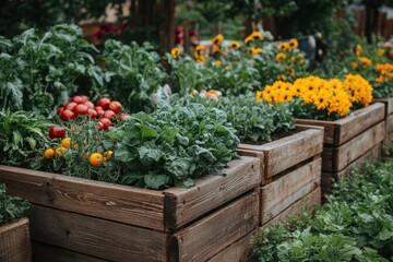 Colorful vegetable and flower garden featuring wooden planters on a sunny day
