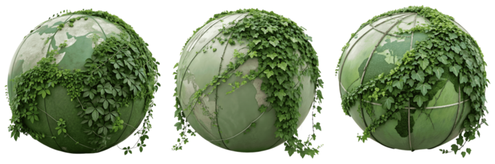 A lush green ivy reclaiming a weathered globe, symbolizing nature's gentle resurgence and hope for a greener future, shown in a three-quarter view.