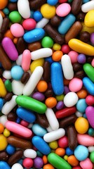 A vibrant mix of colorful candy sprinkles and coated chocolate pieces creates a delightful and sweet background texture perfect for food blogs or confectionery packaging designs.