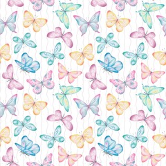 Fototapeta premium Seamless pattern with hand drawn colorful watercolor butterflies on wavy lines. Perfect for textile, wrapping paper, fabric, backdrop, wall hanging, scrapbooking, home decoration, bedding, wallpaper
