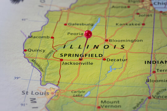 Colorful tourist location map with red stick pin at Springfield, Illinois, USA and the surrounding area