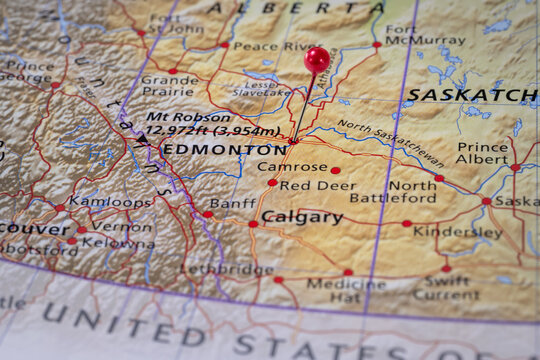 Colorful tourist location map with red stick pin at Edmonton, Alberta, Canada and the surrounding area