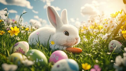 Fototapeta premium A delightful bunny cartoon holding a carrot, surrounded by festive Easter eggs and colorful flowers