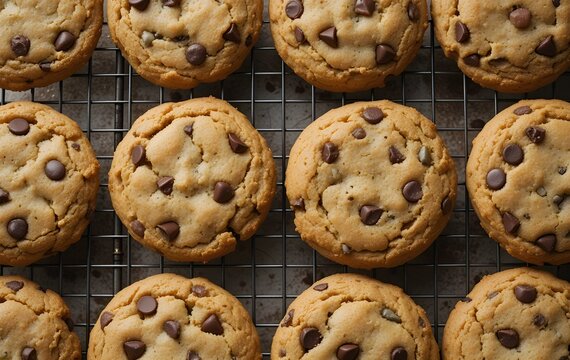 Batch of golden brown chocolate chip cookies cooling on a wire rack, chocolate chip muffins, chocolate chip cookies on a wire rack - Powered by Adobe