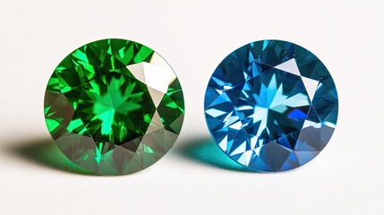 Fototapeta premium Round-shaped emerald and sapphire gems, showcased on a plain white surface