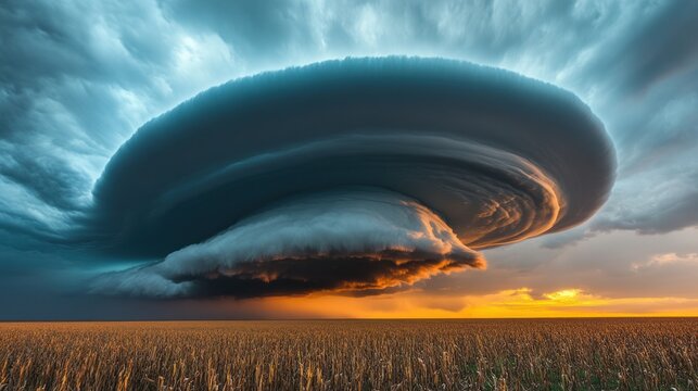 Dramatic storm cloud looms over a golden wheat field at sunset. Powerful weather.
