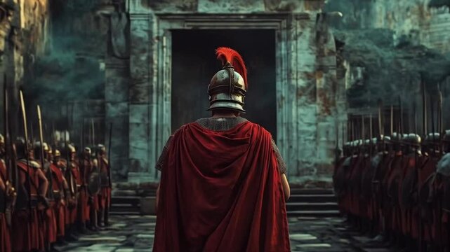 A man in a red robe stands in front of a group of soldiers. Smooth repeating motion for background video animation.