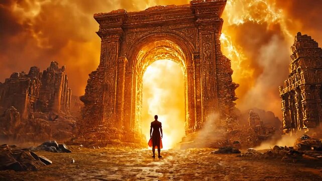 Fiery Ancient Gateway; lone figure.  Possible stock use  fantasy, apocalypse