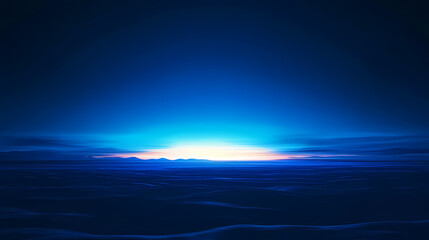 Obraz premium Blue darkness with a faint glow on the horizon, moody, silhouettes, horizon. Distant Radiance. Illustration